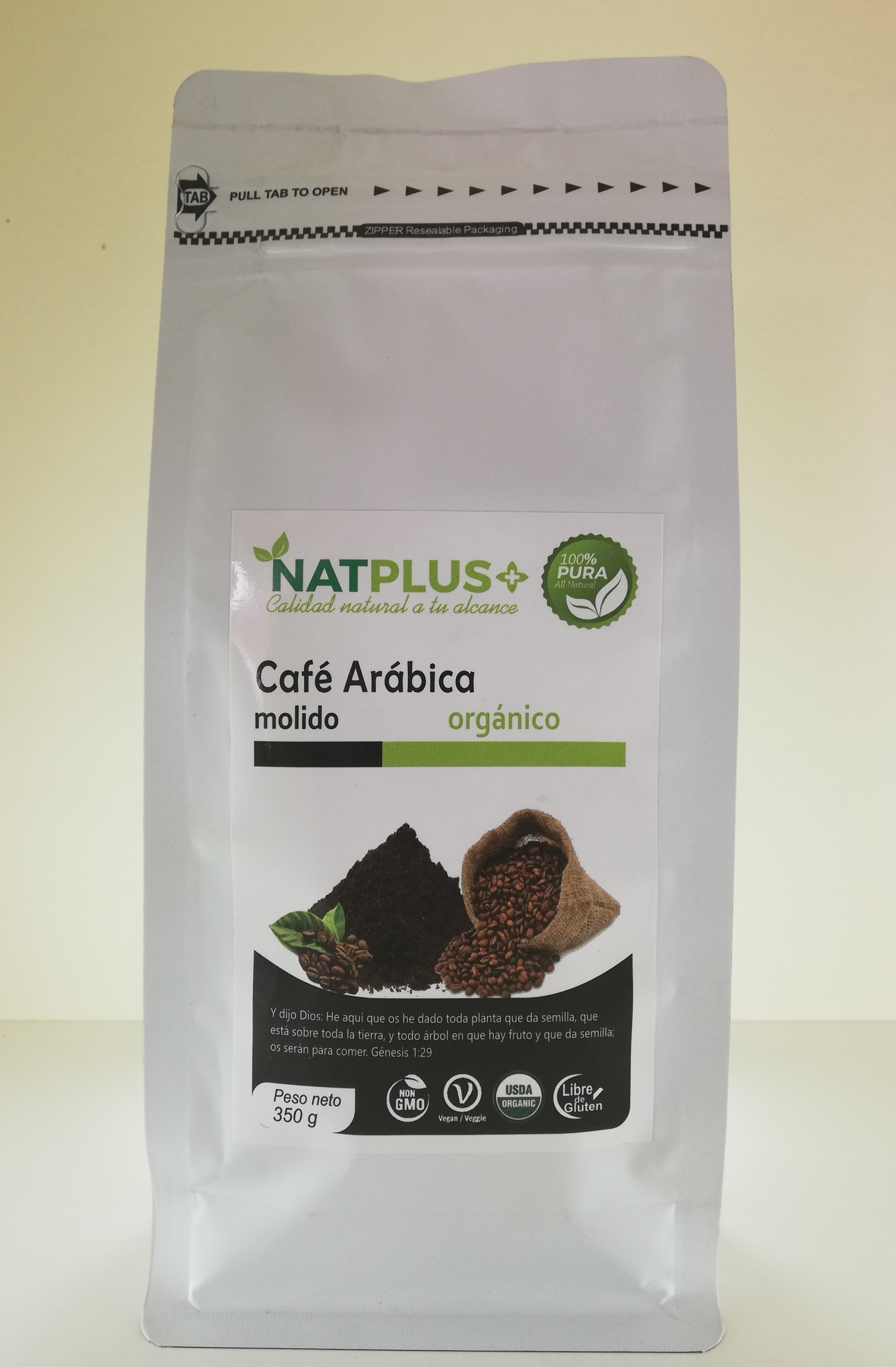 Café Arábica molido orgánico 350g. Natplus Chile